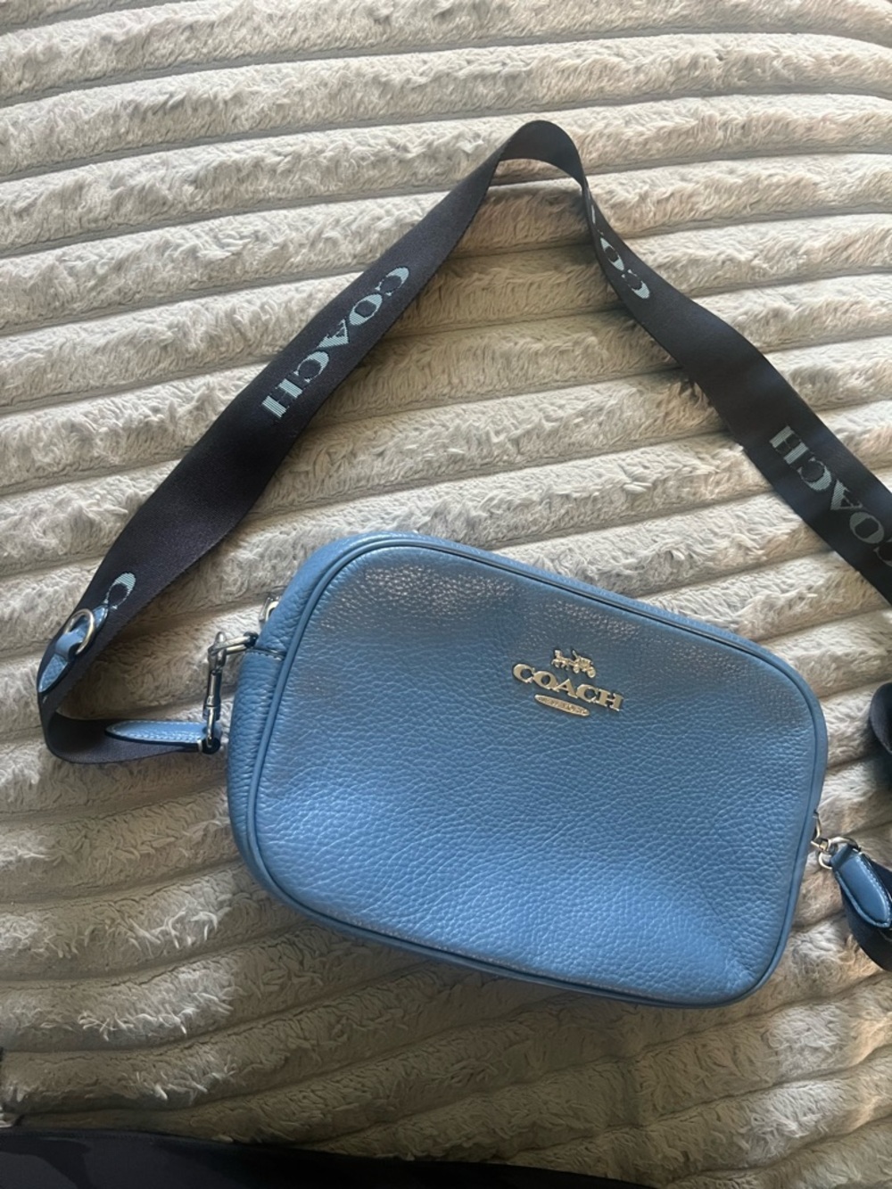 Coach Light Blue Pebbled Leather Crossbody Camera Bag with Branded Strap